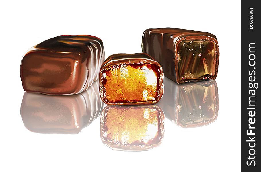 Three tasty chocolate sweets with jelly inside