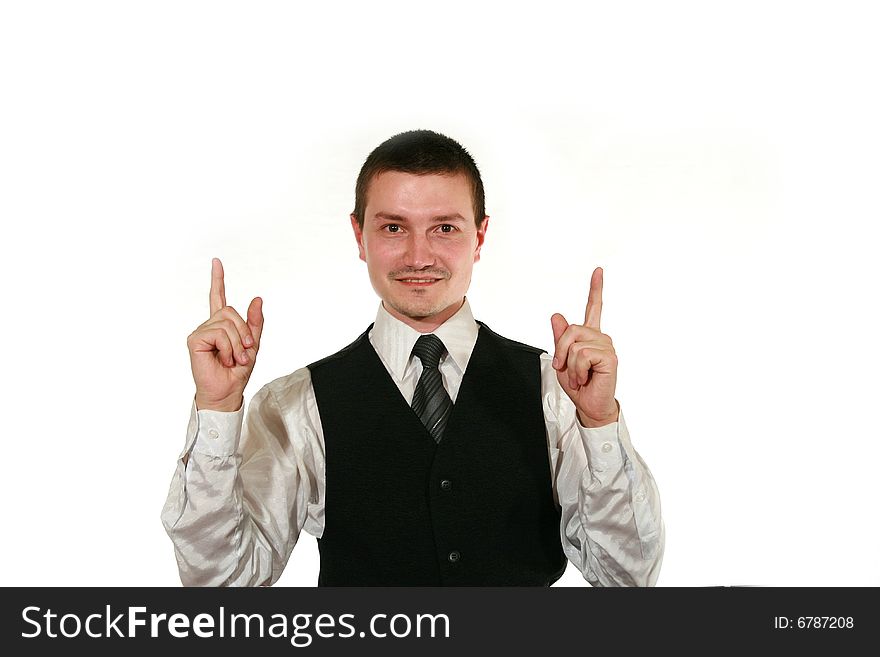 Young man in vest on white background