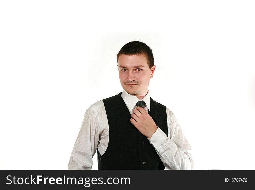 Young men in vest on white background