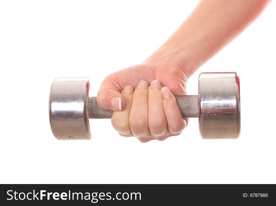 Female holding dumbbell weight isolated on white