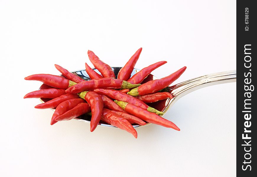 Red chili in the silver spoon on a clear background. Red chili in the silver spoon on a clear background.