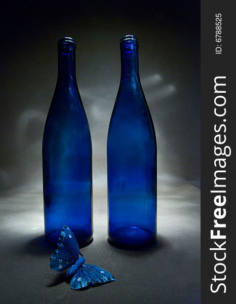 Blue, bottles, butterfly, art, decoration,