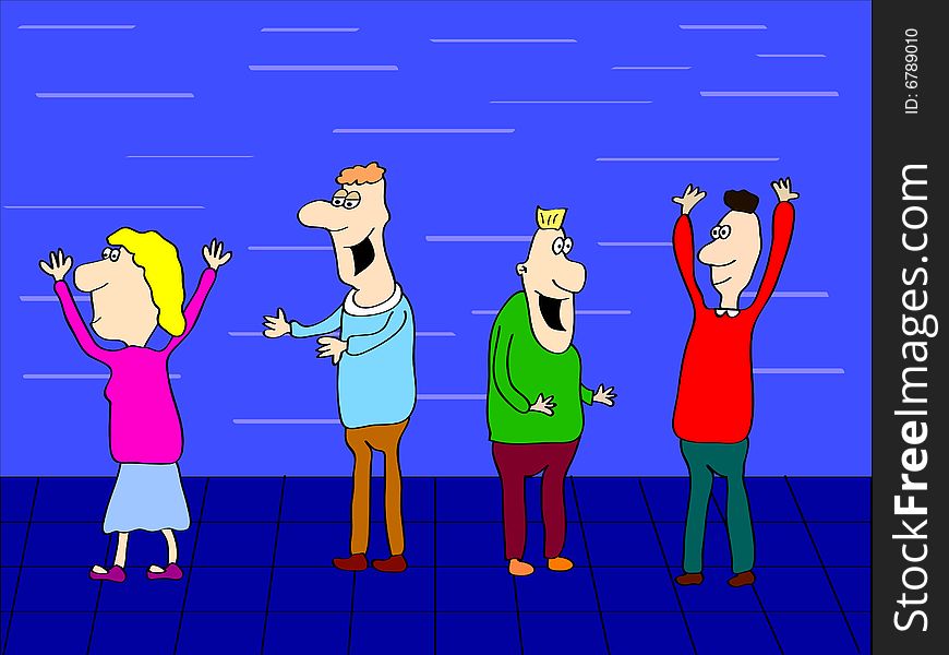 Four cartoon  funny people dancing on disco.