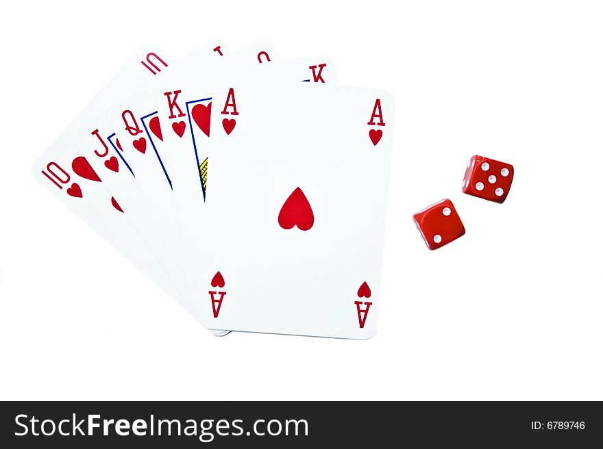 Dice and playing cards isolated on a white background