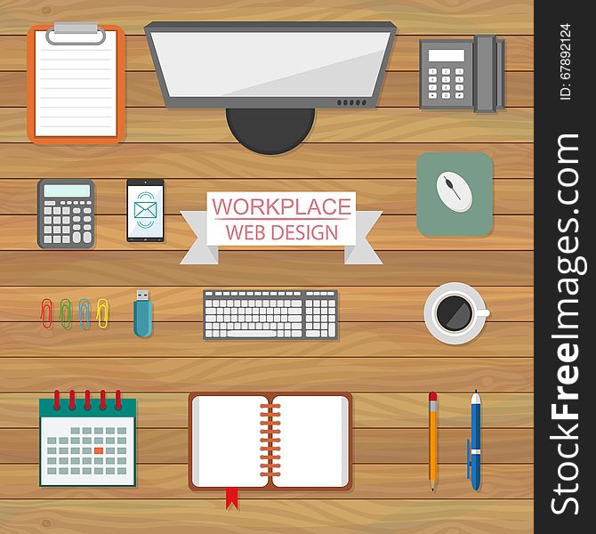 Flat Style Modern Office Workspace. Equipment for Workplace Design. Vector Illustration. Flat Style Modern Office Workspace. Equipment for Workplace Design. Vector Illustration