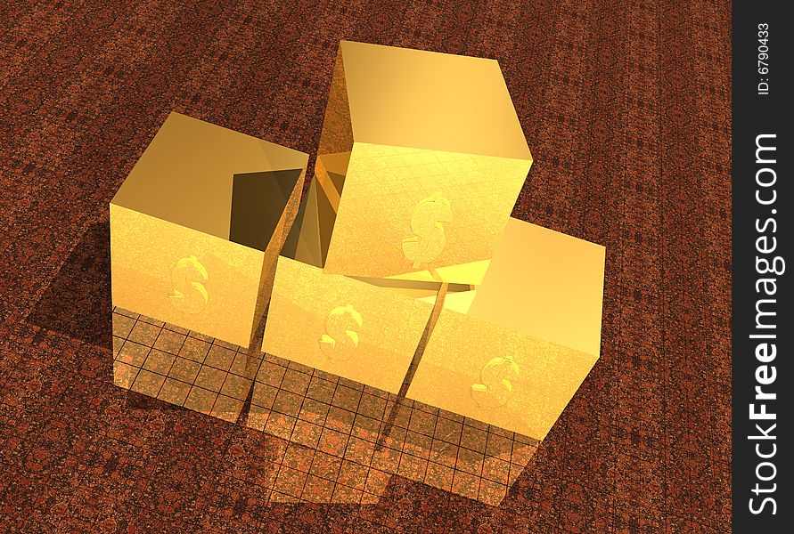 Gold dollar boxes 3d rendered