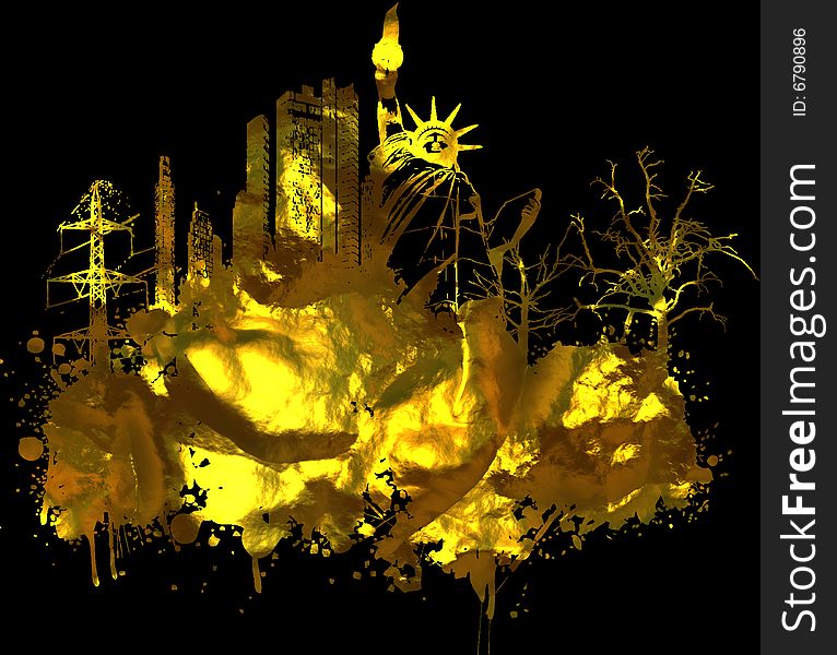 Grunge style gold cityscape illustration. Grunge style gold cityscape illustration