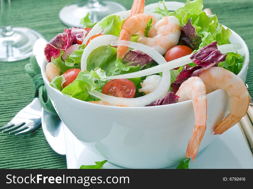 Lettuce salad with prawns and cherry tomato. Lettuce salad with prawns and cherry tomato