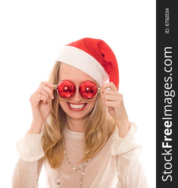 Winter Portrait Of A Joyful Woman In Santa Hat