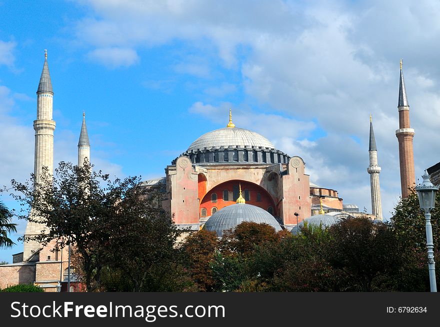 Hagia Sophia is a former patriarchal basilica, later a mosque, now a museum in Istanbul, Turkey. Famous in particular for its massive dome, it is considered the epitome of Byzantine architecture.