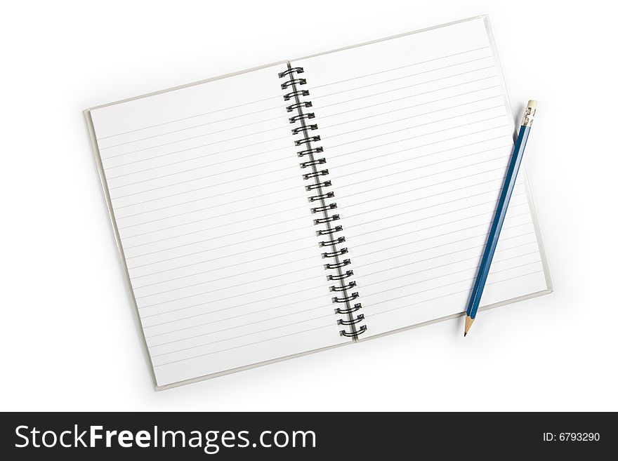 A double page spread of a lined notepad with a pencil lying down the right-hand side