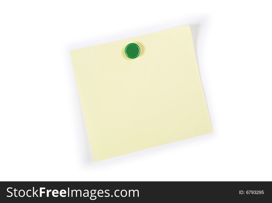 A square blank yellow adhesive note pinned on to a white background. A square blank yellow adhesive note pinned on to a white background