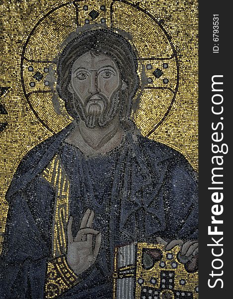 The Empress Zoe mosaics on the eastern wall of the southern gallery date from the 11th century. Christ Pantocrator, clad in the dark blue robe (as always the custom in Byzantine art), is seated in the middle against a golden background, giving His blessing with the right hand and holding the Bible in His left hand. (. The Empress Zoe mosaics on the eastern wall of the southern gallery date from the 11th century. Christ Pantocrator, clad in the dark blue robe (as always the custom in Byzantine art), is seated in the middle against a golden background, giving His blessing with the right hand and holding the Bible in His left hand. (