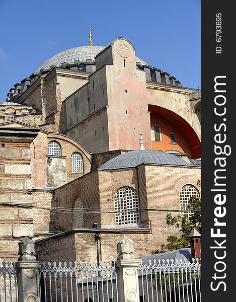 Hagia Sophia is a former patriarchal basilica, later a mosque, now a museum in Istanbul, Turkey. Famous in particular for its massive dome, it is considered the epitome of Byzantine architecture.
