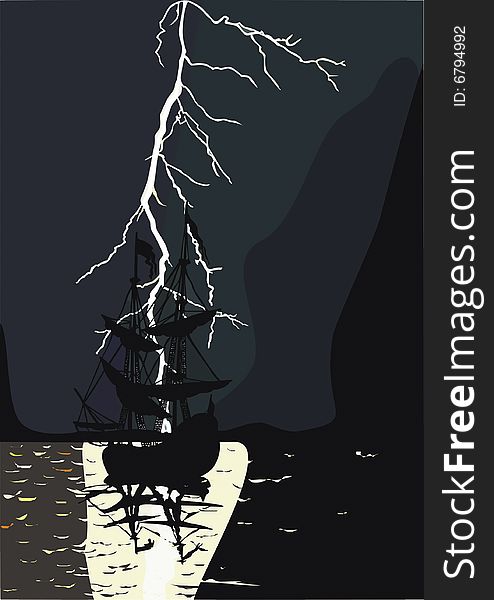 Illustration raster, a night storm at sea with a sailing ship. Illustration raster, a night storm at sea with a sailing ship.