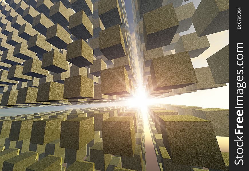 A building of old cubes in an array in space with a beam of light. A building of old cubes in an array in space with a beam of light.