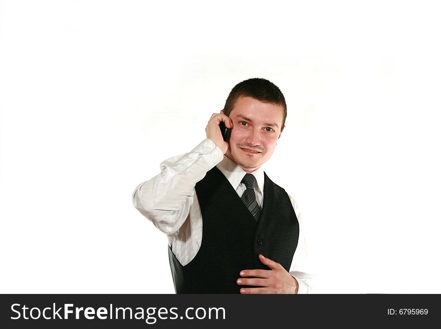 Men with mobile in vest with mobile on white background