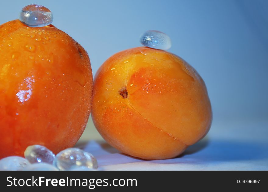 Two fresh apricots on the blue background. Two fresh apricots on the blue background.