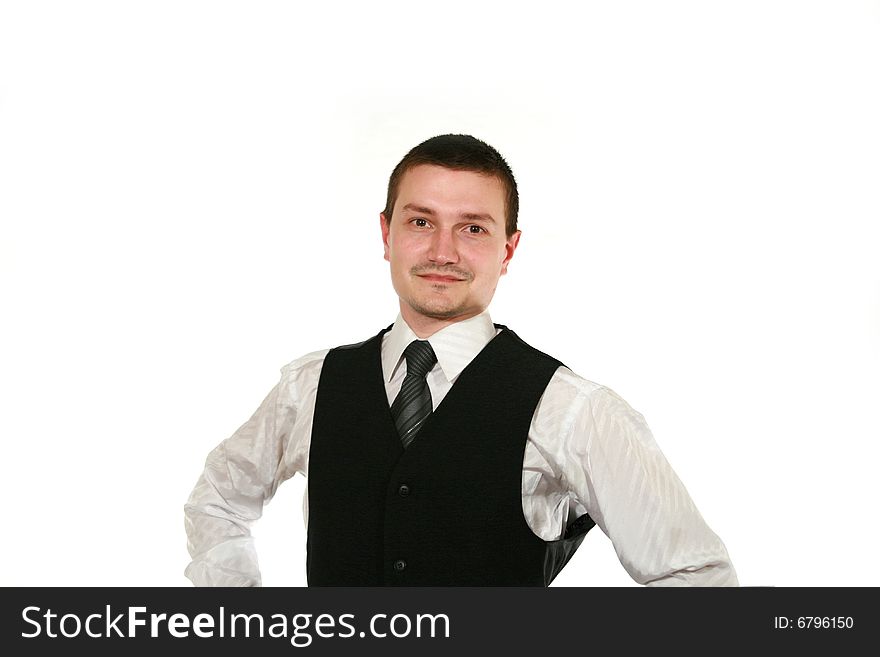 Young man in vest on white. Young man in vest on white