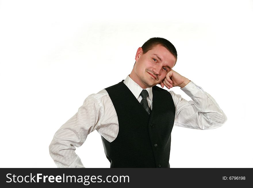 Young man in vest on white background. Young man in vest on white background