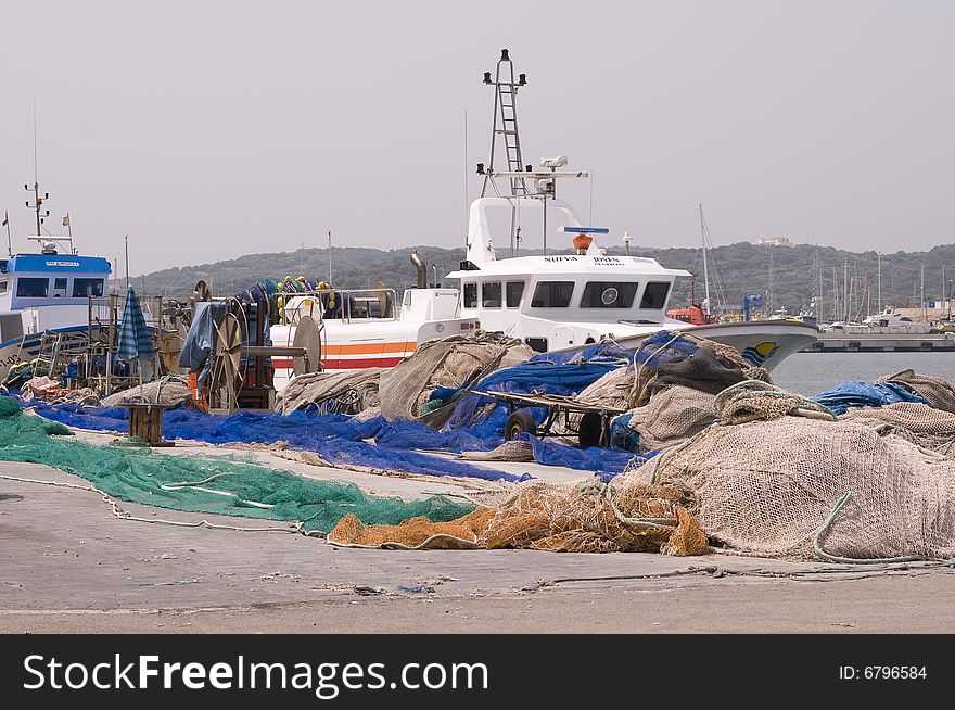 Menorca, Spain, port with fishing boats in the city of Mahon. Menorca, Spain, port with fishing boats in the city of Mahon