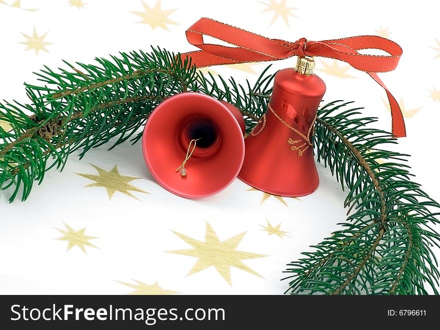 Christmas background with two red bells and ribbon. Christmas background with two red bells and ribbon
