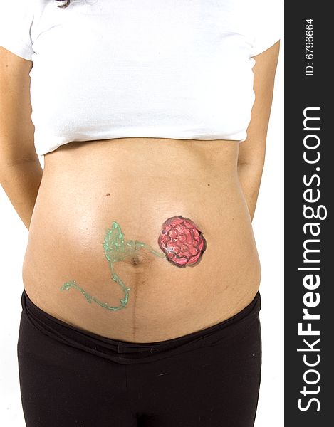 30 weeks pregnant teenager with a flower on her belly