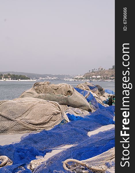 Menorca, Spain, port with fishing nets in the city of Mahon. Menorca, Spain, port with fishing nets in the city of Mahon
