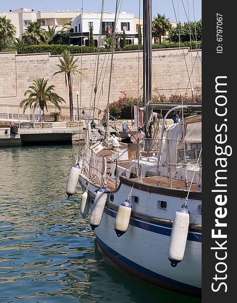 Menorca, Spain, port of Ciutadella with closeup boat. Menorca, Spain, port of Ciutadella with closeup boat