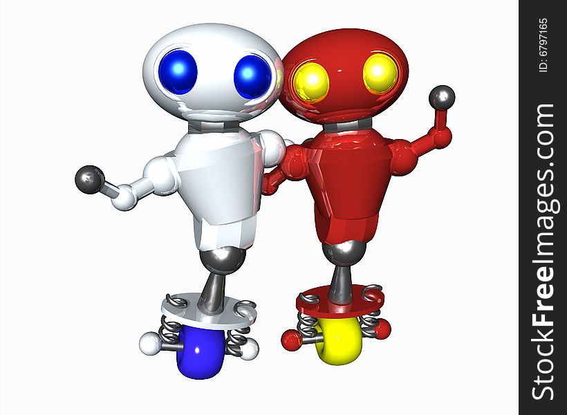 Two cute little robots of different color showing diversity. Two cute little robots of different color showing diversity.