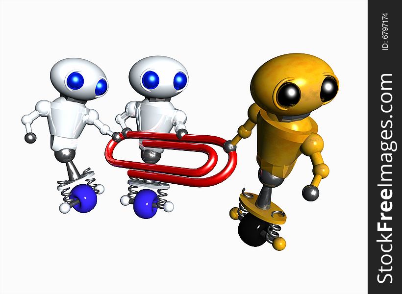 Cute little robots struggling to hold onto a red paperclip in this office metaphor. Cute little robots struggling to hold onto a red paperclip in this office metaphor.