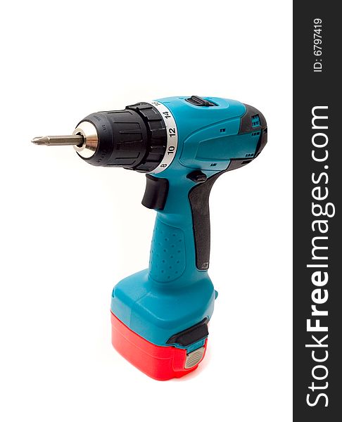 Drill Cordless screwdriver. Powerful and convenient tool. Isolated on a white background