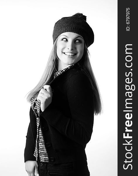 Portrait of beautiful young in beret and jacket. Portrait of beautiful young in beret and jacket