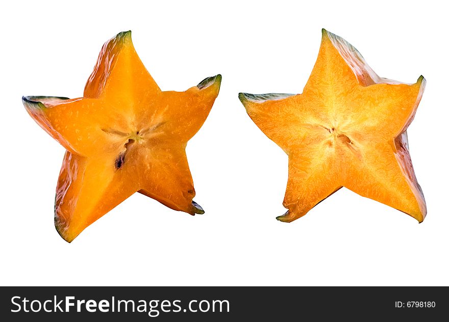 Two sections of carambola isolated on white background