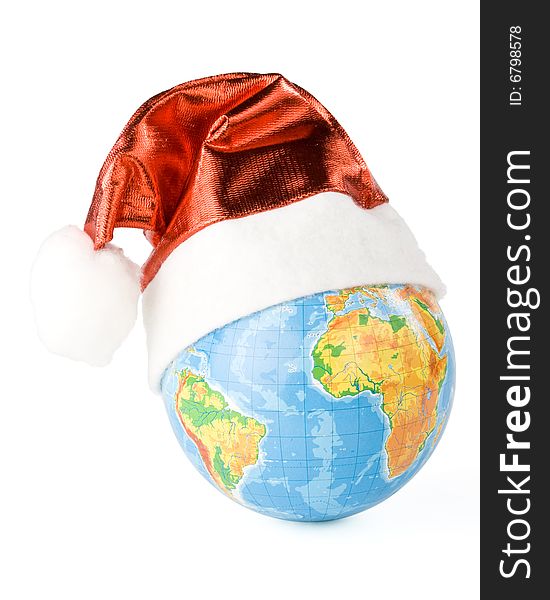 Santa's red hat and globe on a white background