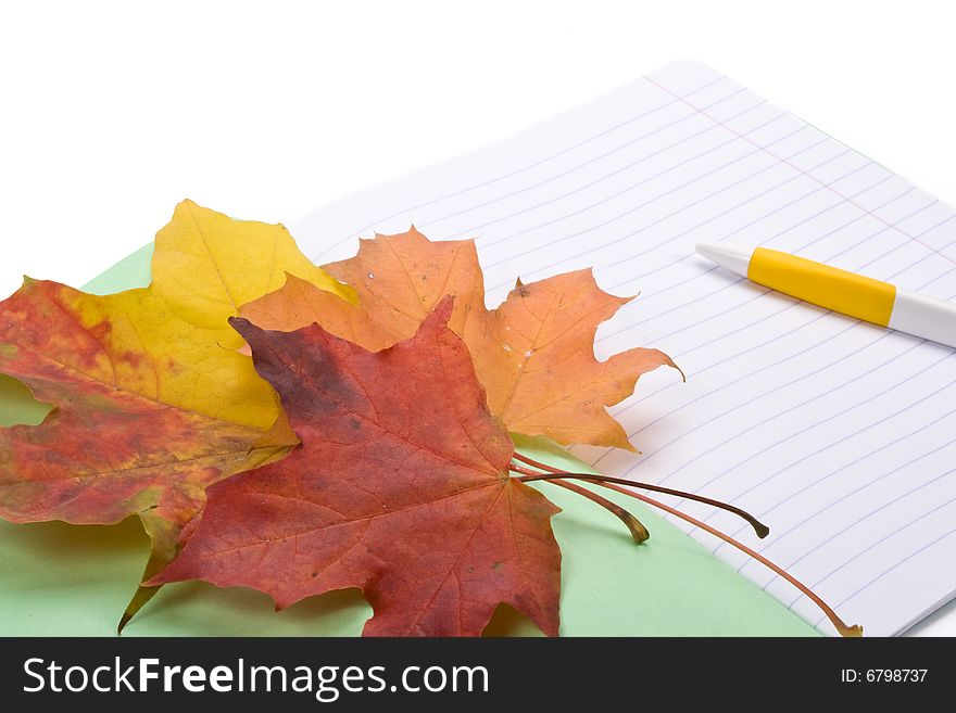 Writing-book, pen and autumn leaves on a white background. Concept for Back to school
