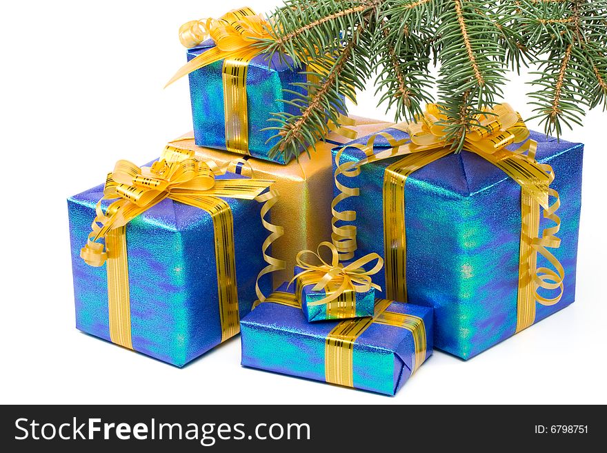 Various gift boxes and fur-tree branch on a white background