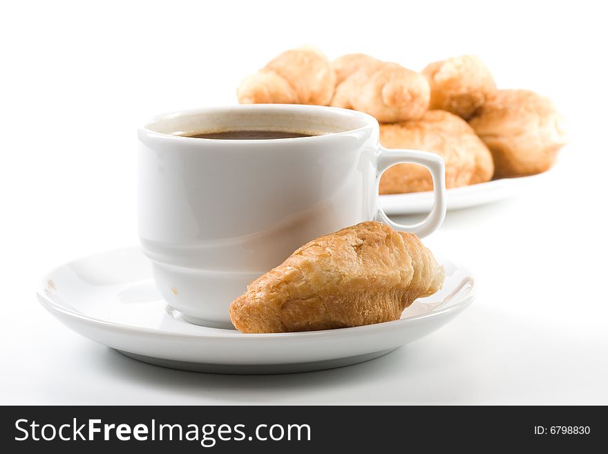 Appetizing pie and cup of coffee on a white background