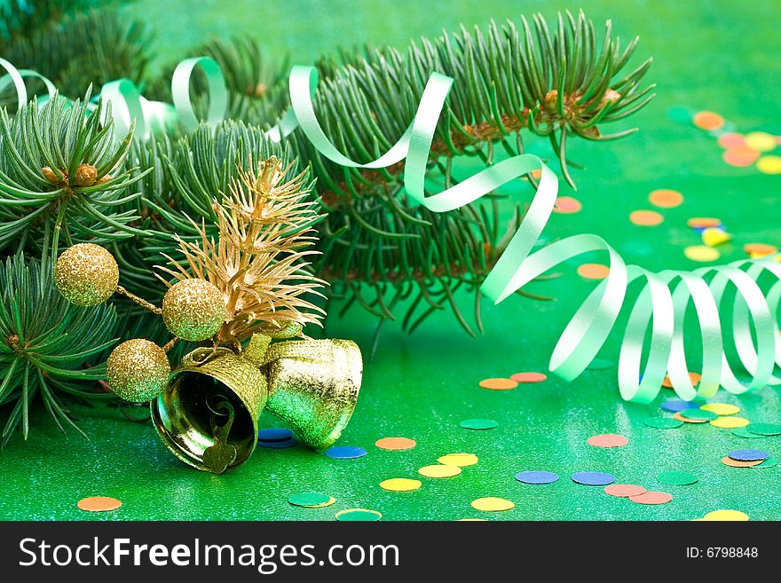 Decoration with an  firtree branch and toys. Decoration with an  firtree branch and toys