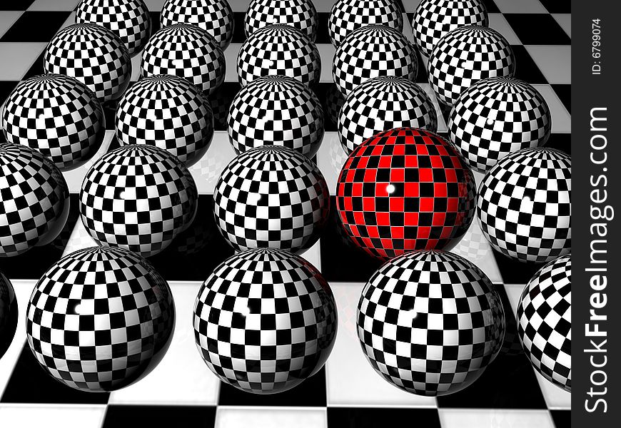 3d red chess sphere wich is different from the crowd. 3d red chess sphere wich is different from the crowd