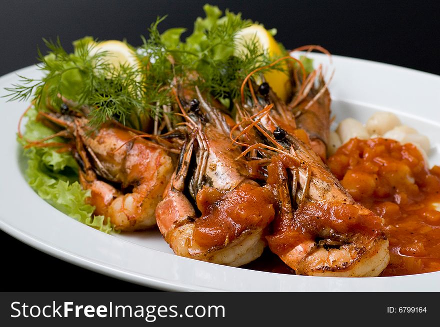 Cooked shrimp on white plate