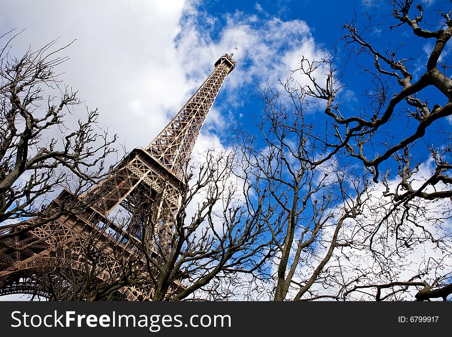 Beautiful view of The Eiffel Tower in Paris on a sunny day