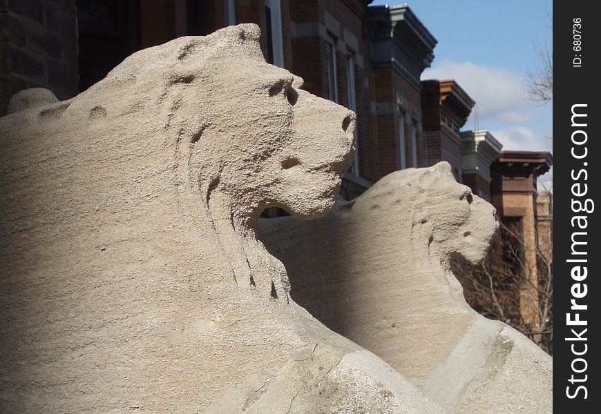 Stone lions stand sentry at the steps. Stone lions stand sentry at the steps.