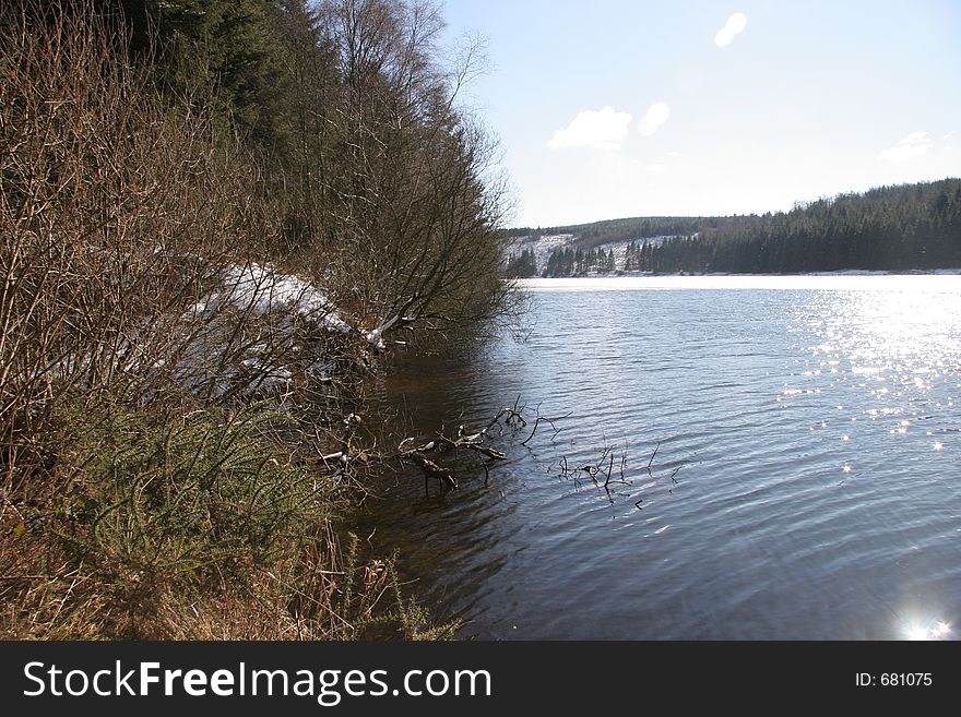 View of lake with trees and snow. View of lake with trees and snow