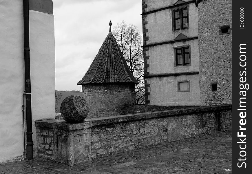 A small tower in the backyard of WÃ¼rzburg's castle