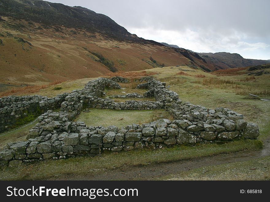 Remains of bath in Hardknott Roman fort in west Cumbria, England