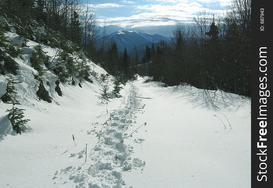 Path in snow on the Caucasus mountains