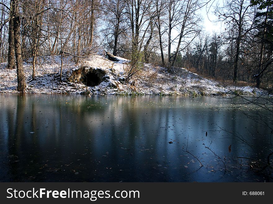 The first ice on a pond.