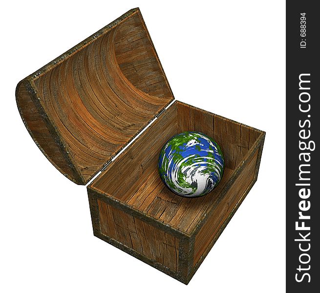 3D render of the Earth in an old treasure chest. 3D render of the Earth in an old treasure chest