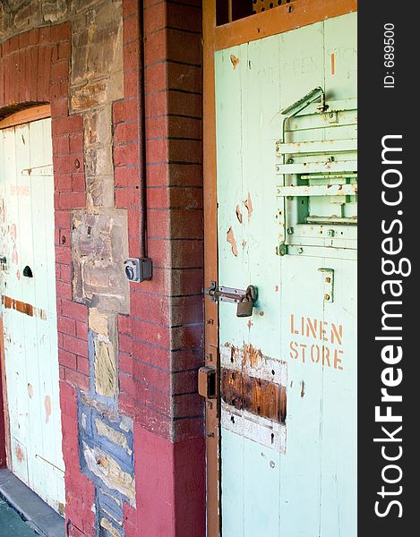 The doors to the linen storage area at the Adelaide gaol. They are converted prison cells. The doors to the linen storage area at the Adelaide gaol. They are converted prison cells.